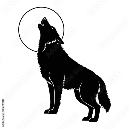 A black wolf illustration howls at the full moon in a natural landscape setting.