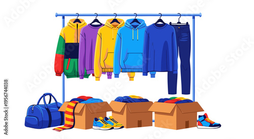 Vector illustration of a clothing donation with apparel items and boxes on a white background