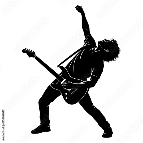 A man enthusiastically plays an electric guitar with his arm raised in a dynamic pose.