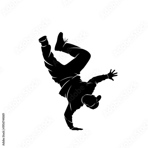Man doing a handstand with one arm and leg raised in air on white background