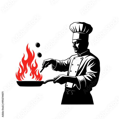 A chef cooks with a flaming pan in a kitchen environment.