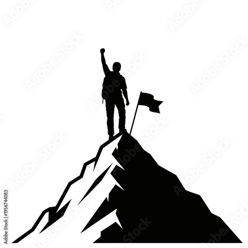 A person stands triumphantly on a mountain peak with a flag.