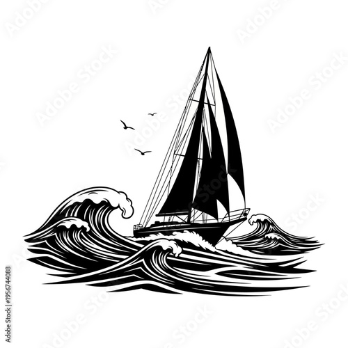 Sailboat rides turbulent waves with billowing sails and seagulls flying overhead.