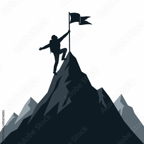 Person climbing mountain with flag on peak triumphantly achieving success