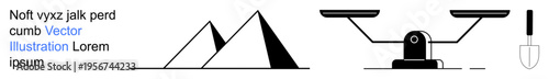 History, archaeology, balance, construction, tools, minimalism. Simplistic pyramids, scale and shovel illustration. History and archaeology concepts portrayed through geometric and tool symbols