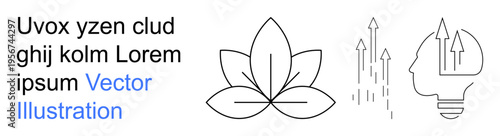 Wellness, creativity, innovation, self-growth, mindfulness, inspiration. Minimalist line art of a lotus, upward arrows and a thinking head with arrows. Creativity and innovation concept