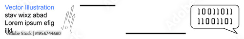 Digital communication, coding, IT, data exchange, binary language, programming. A speech bubble contains binary code text. Digital communication and coding concepts highlighted