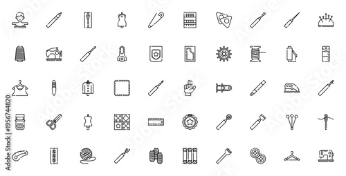Sewing icon set. Vector illustration pack. Includes measuring tape, needle, thread, zipper, scissors, thimble, sewing machine, patch, fabric, button and more tools. Editable stroke.