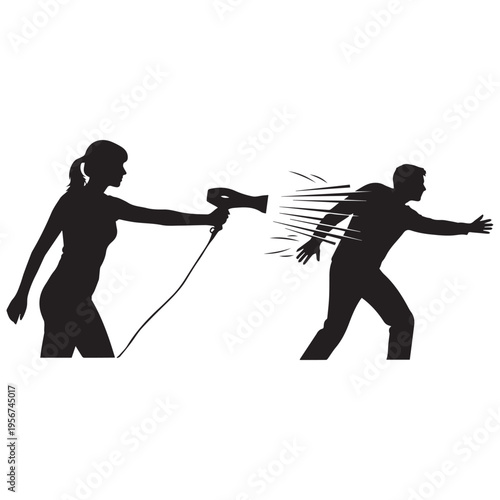 A dynamic silhouette shows a woman using a hairdryer to blow a man away humorously.