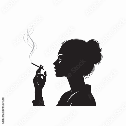 A stylish silhouette portrays a woman with wavy hair thoughtfully smoking a cigarette.