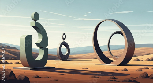 Modern abstract sculptures in desert landscape with mountains