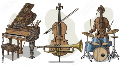 Wooden musical instruments piano violin trumpet and drum set creative artistic design