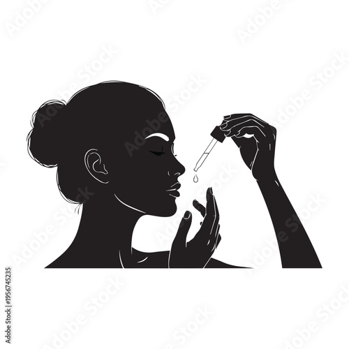 A clean silhouette shows a woman applying a cosmetic serum drop to her face for skincare.