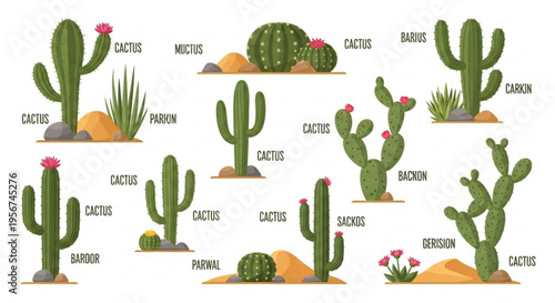 Various cacti and succulents in desert landscape with flowers