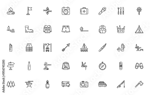 Camping icon set. Vector outdoor icons pack. Includes tent, backpack, bonfire, compass, knife, fishing, first aid, bbq and more. Editable stroke.