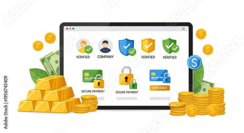 Online payment security concept with verified icons on a tablet surrounded by gold coins and cash
