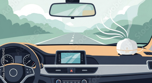Car interior with air freshener and dashboard on a scenic road