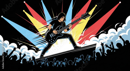 Musician performs energetically on stage with guitar and colorful spotlights