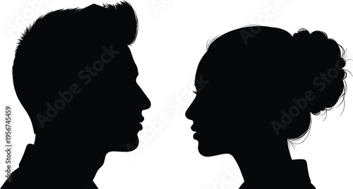 Two human profile silhouettes facing each other for communication, psychology, interaction, and relationship design themes