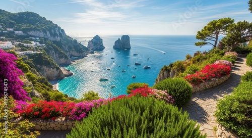 Picturesque view of Capri coastline with vibrant flowers and turquoise sea.