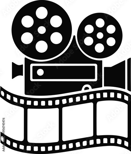 Vintage film camera icon with reels and curving film strip for cinematography, video production, and movie industry themes