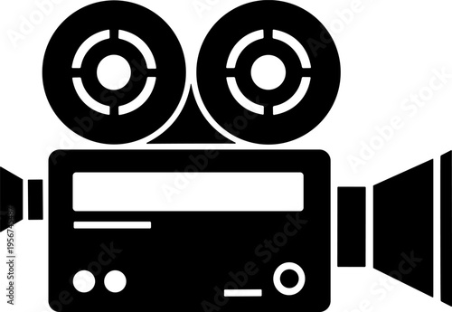 Vintage film camera icon with reels and lens for filmmaking, video production, and media arts design themes