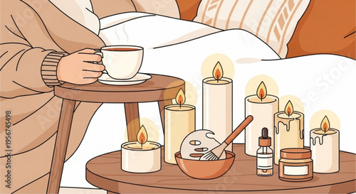 Person relaxing with tea and candles on a wooden tray in bed self care ritual with skincare products