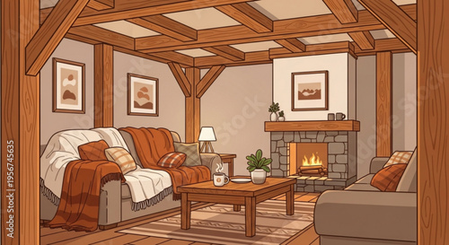 Cozy living room with fireplace wooden beams and warm lighting comfortable seating area with couch and armchair