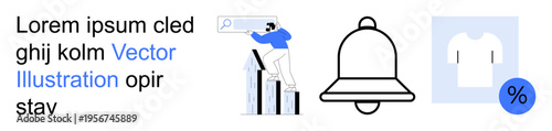 Business growth, notifications, e-commerce, marketing strategies, digital interaction, shopping. Man climbing bar chart, bell notification shirt with discount icon. Business growth and notifications