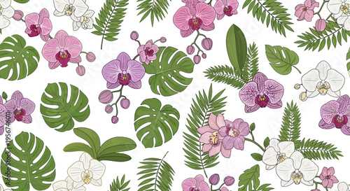 Tropical flowers and green leaves pattern.