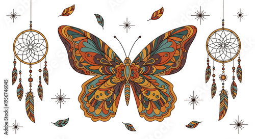 Colorful butterfly with dream catchers.