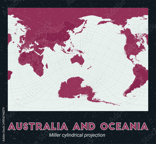Australia and Oceania. World map. Miller cylindrical projection centered to Australia and Oceania. Pale Mint Dark Pink palette. Vintage texture. Classy vector illustration.