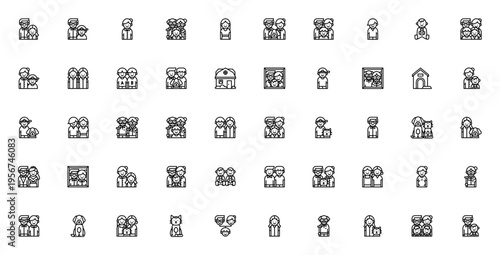 Family icon set. Vector family symbols collection. Includes father, mother, kids, twins, grandparents, pets, LGBTQ+ couples, home and more. Editable thin line icons.
