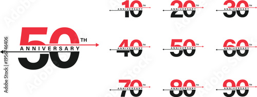 Bold anniversary emblems featuring numbers from tenth to ninetieth year with modern arrow accents