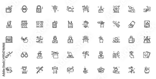 Magic icon set. Vector illustration pack featuring wallet, wedding ring, padlock, magic lamp, skull, tarot cards, witch hat, wand, spell book, cauldron and more mystical symbols.