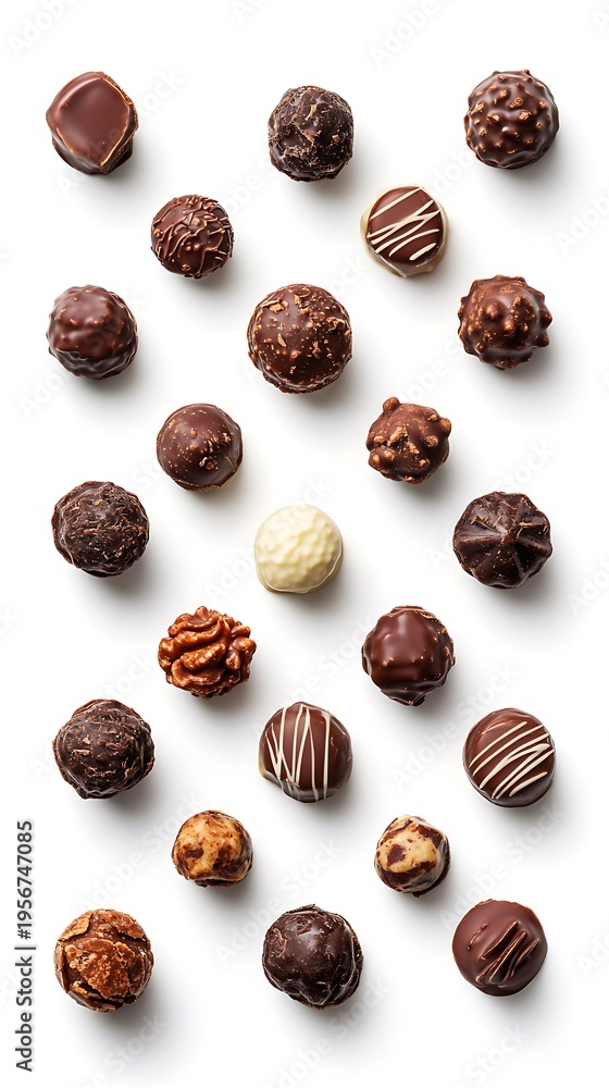 Obraz premium Assorted chocolate truffles with various toppings and coatings on white background