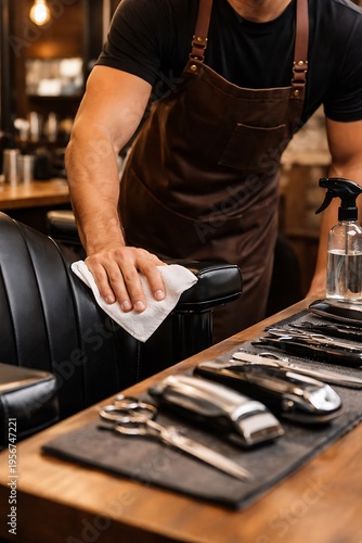 Man in apron cleaning a barber chair with a cloth, surrounded by professional hairdressing tools in a barbershop.