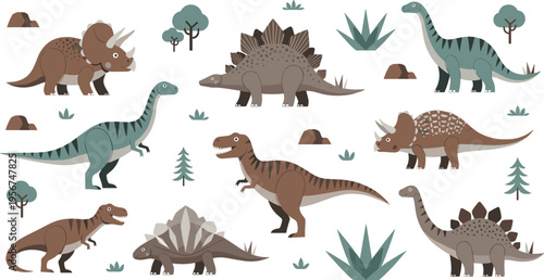 Cute Dinosaur Cartoon Vector Set with Triceratops Stegosaurus Tyrannosaurus Ankylosaurus Brachiosaurus and Prehistoric Plants for Kids Education Illustration Collection Design