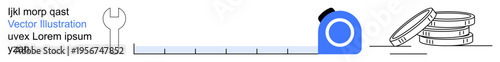 Construction, budgeting, cost evaluation, business planning, financial management, engineering tools. A measuring tape, wrench and a stack of coins. Construction and budgeting concept