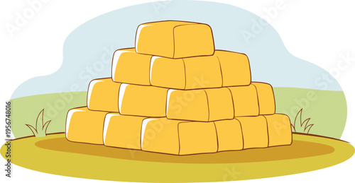 Stack of golden hay bales in a sunny, cartoon field