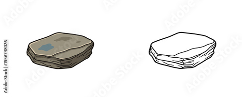 Flat slate stone vector illustrations shown in colored cartoon and black outline linear styles, grey mineral tones, representing natural rock on white background