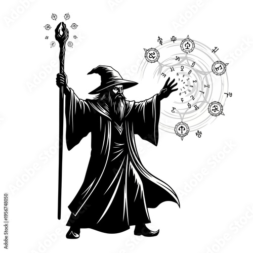 A wizard casts magic with staff and circular spell symbols around him.