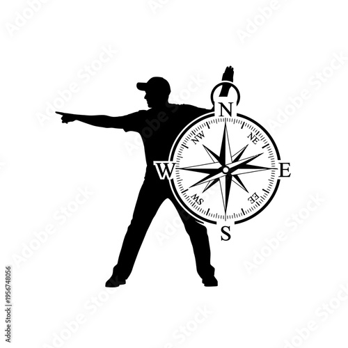 Man in silhouette holds a large compass and points the way forward.