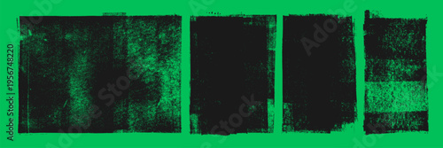 Damaged distressed linocut stamp texture set with rough crumpled edges. Handmade ink roller texture on green organic background. Graphic urban grunge block shapes set. Aged grain backdrops.