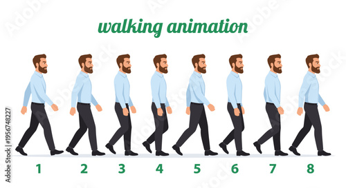 Professional character walking animation sprite sheet featuring a businessman in eight sequential frames isolated on white background for game design and motion graphics.
