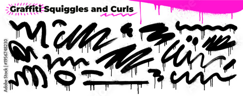 Messy bold squiggle brush strokes with drips and paint splatters. Hand drawn punk squiggly lines, black ink curls and blobs. Spray paint clip art. Graffiti spraypaint straight and wavy underlines.