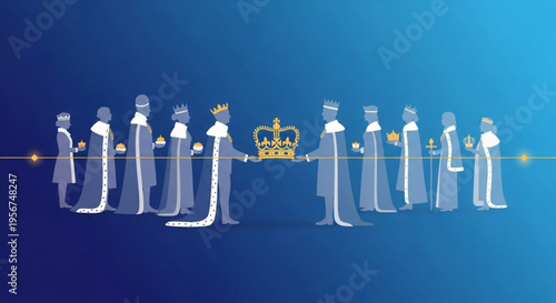 People in robes passing crown along a line with sparkles on a blue gradient background