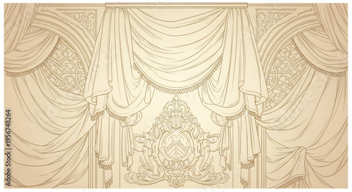 Ornate beige curtains with draped fabric and decorative tassels in elegant interior design