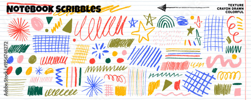 Colorful crayon drawn scribbles and pencil scratches for notes and childish design. Hand drawn grid, star, crosshatch and squiggles. Pencil texture doodles, naive crayon strokes, messy scribble lines.