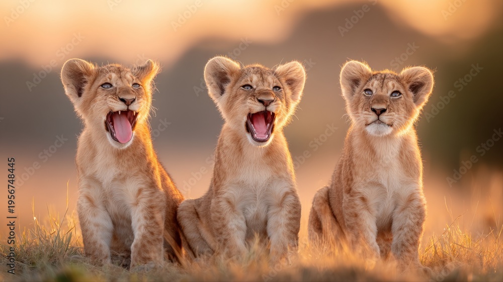 Obraz premium Three Adorable Lion Cubs Yawning Together at Sunset in the African Savannah, Wildlife Photography